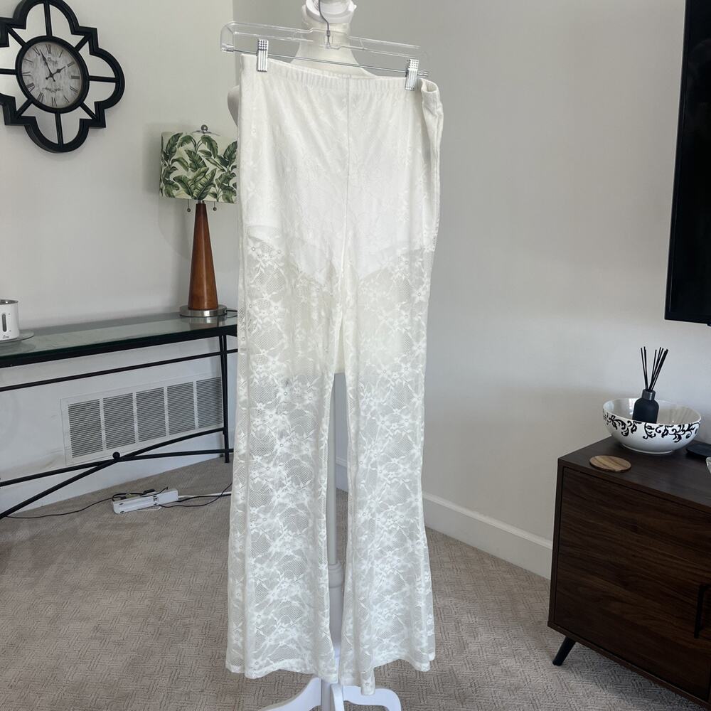 Womens Sheer Lace Pants Sz M White Ivory Cover Up Beach Festival Resort Wear
